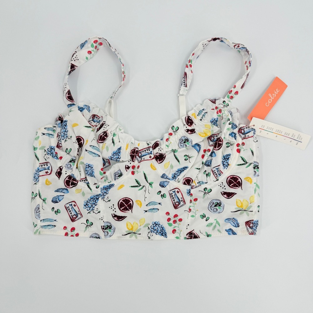 Colsie Bustier Crop Top Sardine Fruit Print Modern Women Size Medium White Multi - Picture 3 of 7